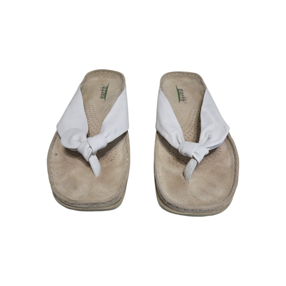 Earth‎ Tranquil White Leather Bow Thong Sandals Kalso Negative Heel Womens 6.5B